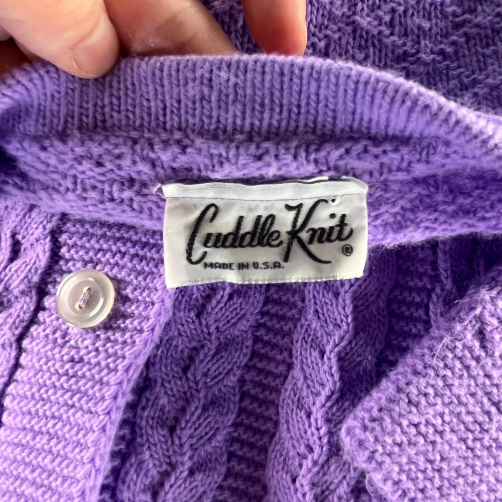 Cuddle Knit Vintage M Purple Cable Knit Cardigan Sweater USA Made Grandmacore - Picture 2 of 7